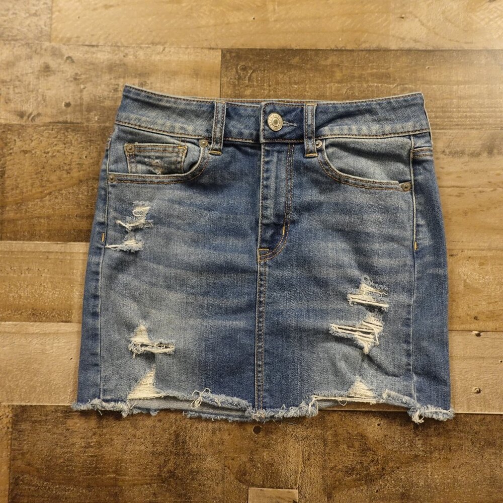 American Eagle Hi-Rise Mini Denim Skirt Women’s 4 Blue Distressed‎ Stretch